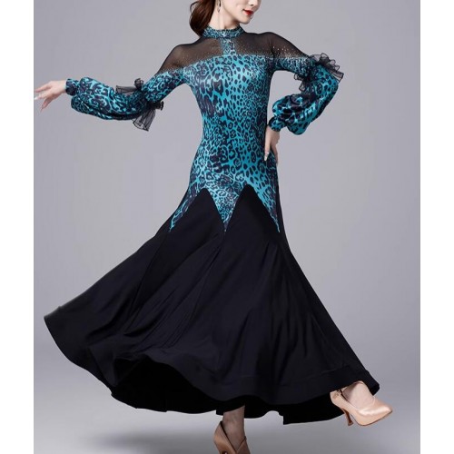 Women girls blue red leopard printed ballroom dance dresses for female waltz tango foxtrot rhythm senior smooth dance long gown for female